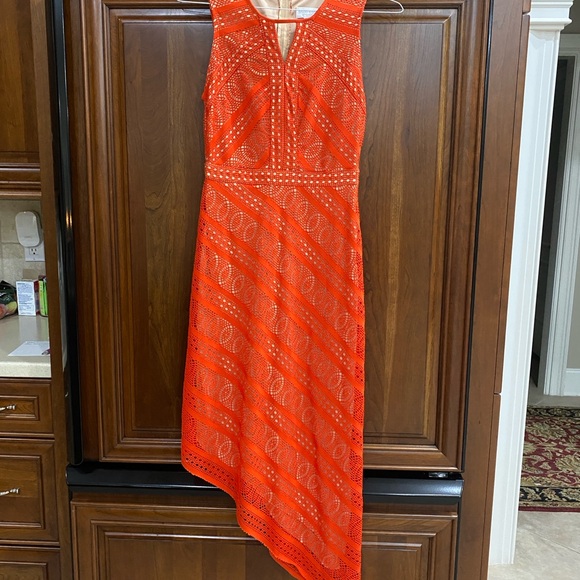 Ladies Size 2 Dark Orange Dress Long Maxi Tapered Length Lace Tan Under Bisou - Picture 1 of 13